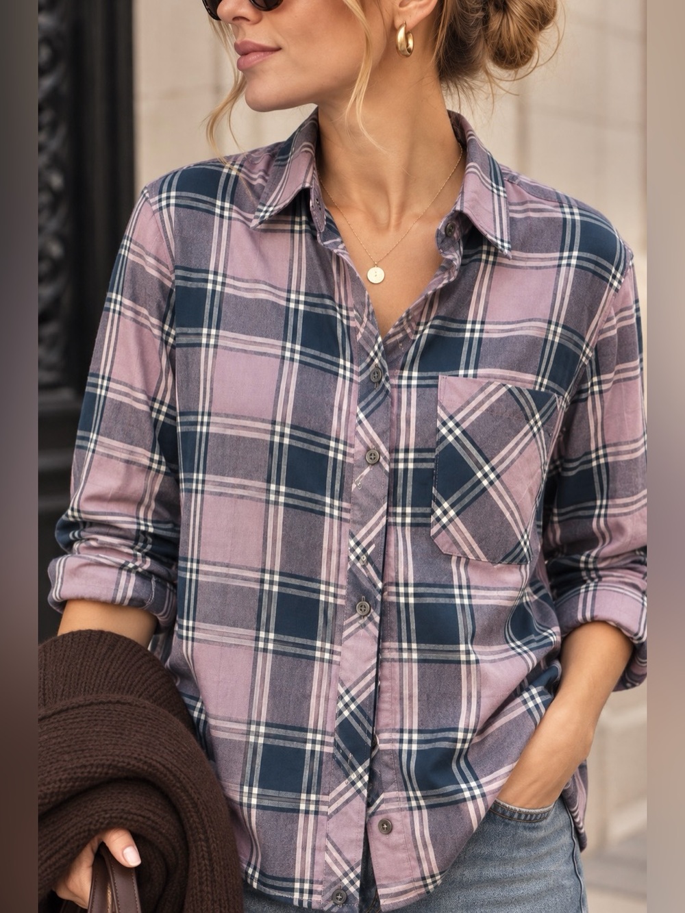 Eddie Bauer Lavender Purple & Navy Plaid Button-Down Shirt